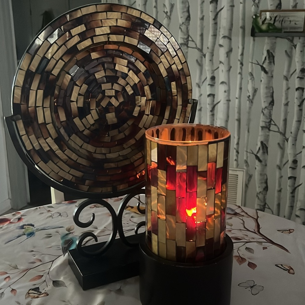 Mosaic Truffle Hurricane round Espresso / Truffle Decorative Plate and Vase Set.